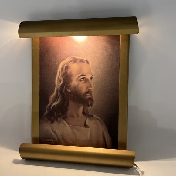 Vintage Lighted Jesus Head of Christ Picture Gold Metal Frame 10x12" Electric - Picture 1 of 6